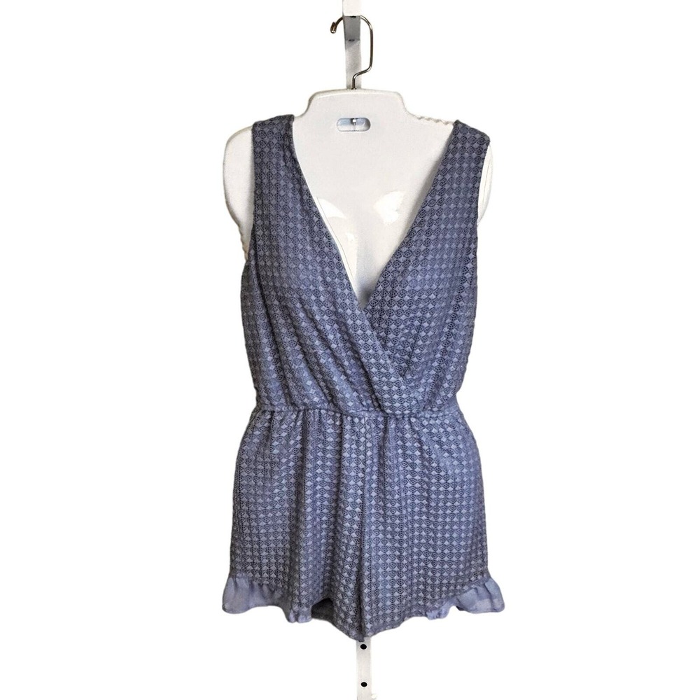 As U Wish Wrap Romper Diamond Pattern Knit Ruffle Hem Slate‎ Blue Women's Sz M